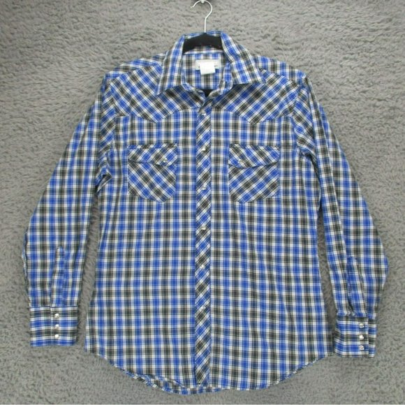 Wrangler Other - Wrangler Shirt Mens Medium Wrancher Blue Plaid Long Sleeve Pearl Snap